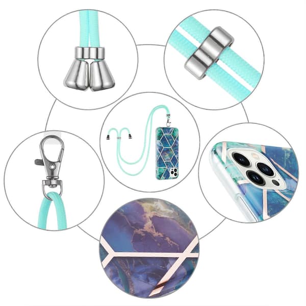 For iPhone 15 Pro Galvanisering Skjøting Marmormønster IMD TPU Støtsikkert Deksel med Halsstropp Blue Green