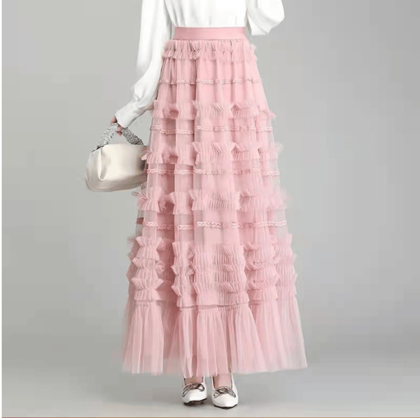 Tylskørt til kvinder, lang længde, tutu fe-skørt med lag Pink