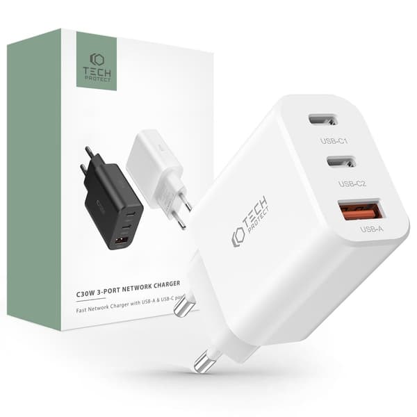 【YD】Tech-Protect 30W PD/QC Wall Charger 2x USB-C 1x USB-A White 150