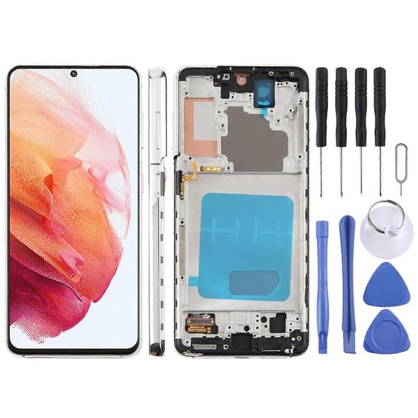För Samsung Galaxy S21 5G SM-G991B 6,12 tums TFT LCD-skärm Digitizer komplett montering med ram, stöder inte fingeravtrycksidentifiering Silver