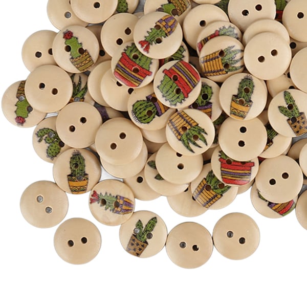 100 stk Assorterte Trykte Treknapper - 2 Hull Runde Dekorative Knapper til Syarbeid - Loggfarge Kaktus