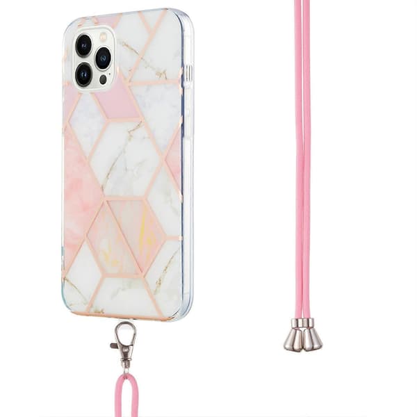 For iPhone 15 Pro Galvanisering Skjøting Marmormønster IMD TPU Støtsikkert Deksel med Halsstropp Pink White
