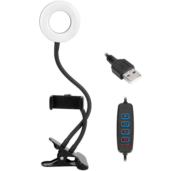 USB-LED-rengasvalo 10 himmennysasteella ja klipsillä suoratoistoon, valokuvaukseen, lukemiseen ja käsitöihin