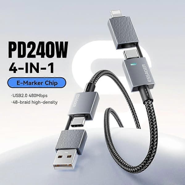 ESSAGER 0.25m 4-in-1 USB-A / Type-C - Type-C / iP punottu datakaapeli PD 240W pikalatauskaapeli MultiColor