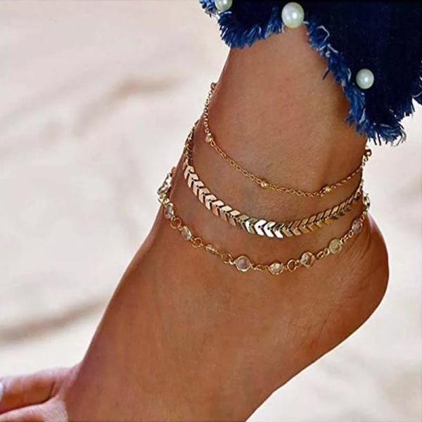 Fodsmykker Foot Link Ankel Link Foot Chain - 3 Chains & Strass gold