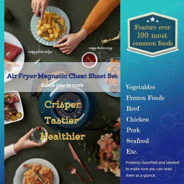 2 stk. magnetisk snydearkssæt til airfryer, airfryer-kogetidstabel, airfryer-referenceguide til airfryer-madlavning Multicolor