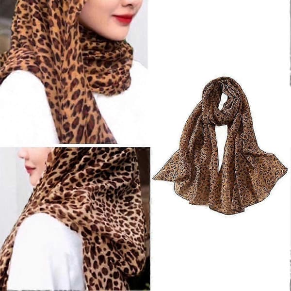 Leopardmønstret skjerf for kvinner, hvitt chiffon silke tynt sjal hijab coffee