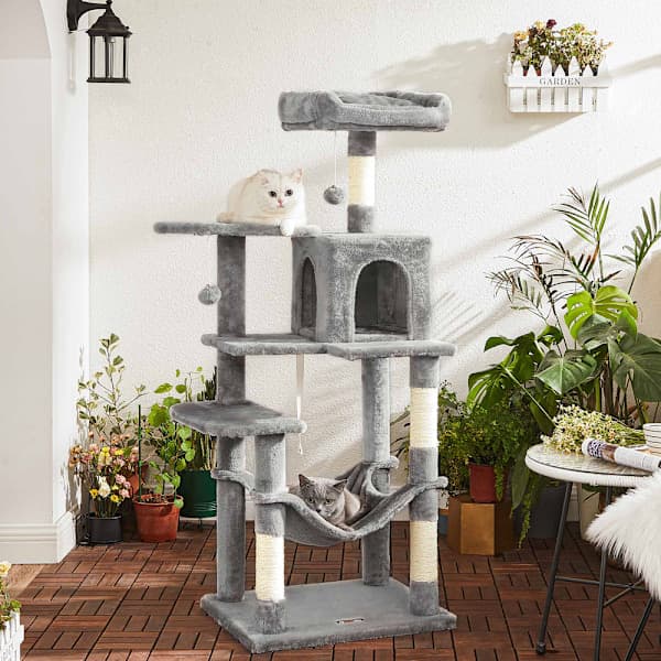 【YD】Cat Tree with Den and Hammock – 143 cm - Light Grey