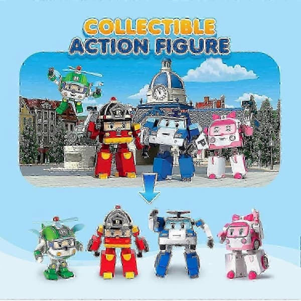 Sbsg Robocar Poli 4-pakning Poli + Amber + Roy + Helly Transformerende Robotleker, 10 cm Transformerbar Actionfigur
