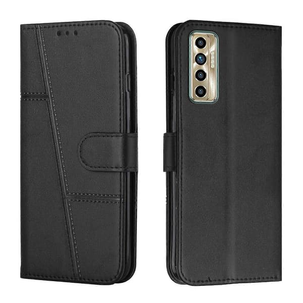 (Ny) För Tecno Camon 17P Sömnad Kalv Textur Spänne Läder Telefonfodral Black