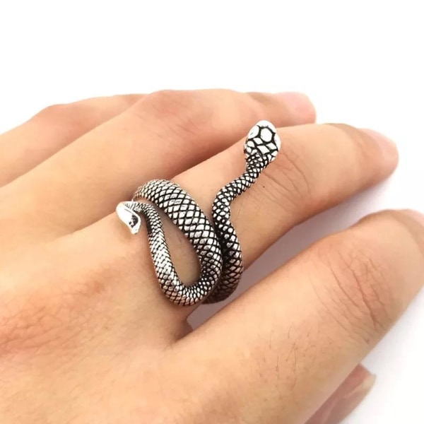 Unik slangemønsterring med svart mønster – justerbar silver one size