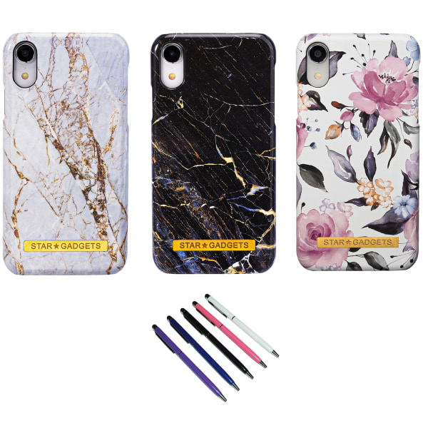 iPhone XR - Etui Beskyttelse Blomster / Marmor Svart
