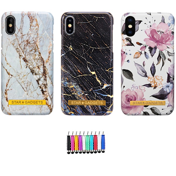 iPhone X/Xs - Beskyttelse af blomster / marmor Svart