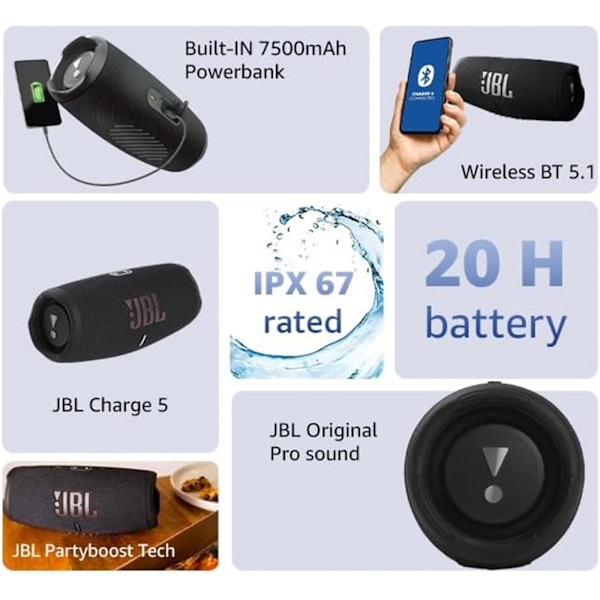 JBL Charge 5 - Bärbar Bluetooth-högtalare med Djup Bas IP67 Va Vit