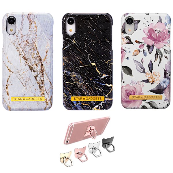 iPhone XR - Skal / Skydd / Blommor / Marmor Svart