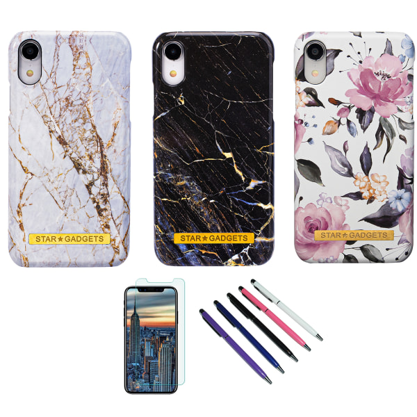 iPhone XR - Etui Beskyttelse Blomster / Marmor Svart