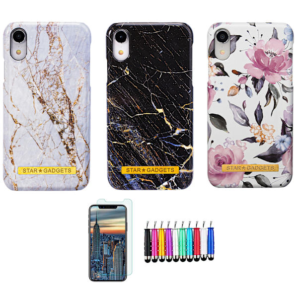 iPhone XR - Skal / Skydd / Blommor / Marmor Svart