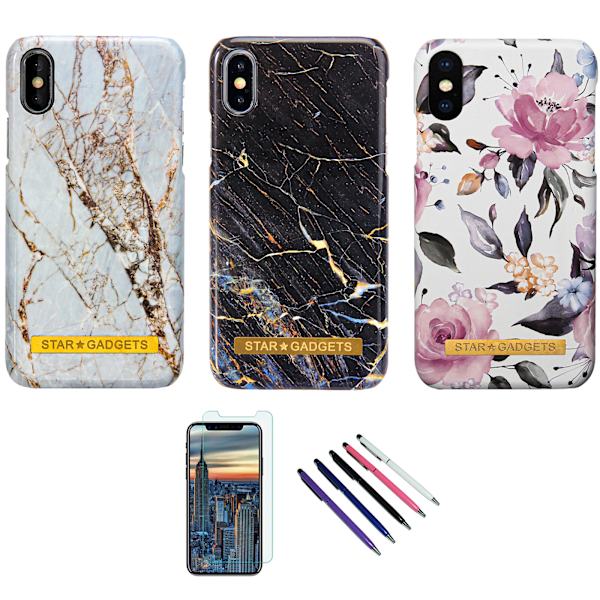 iPhone X/Xs - Beskyttelse af blomster / marmor Svart