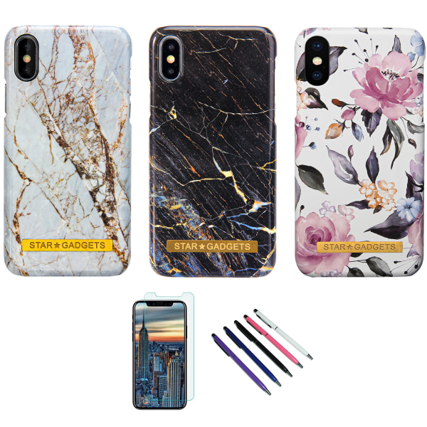 iPhone X/Xs - Skal / Skydd / Blommor / Marmor Svart