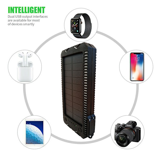Solcelledrevet Powerbank - Bærbar Ekstern Batterioplader 10000mAh