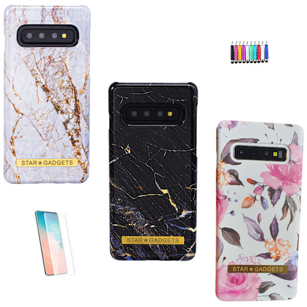 Samsung Galaxy S10 - Skal / Skydd / Blommor / Marmor Svart