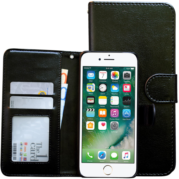 iPhone 5/5s/SE2016 - Plånboksfodral i läder + Touchpenna Svart