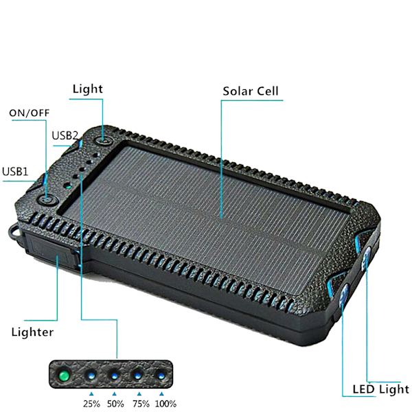 Solcelledrevet Powerbank Bærbar Ekstern Batterioplader 10000mAh
