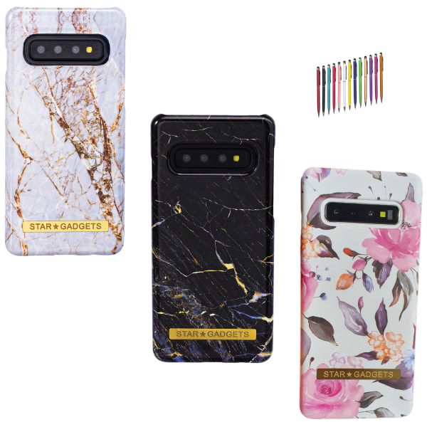 Samsung Galaxy S10 - Skal / Skydd / Blommor / Marmor Svart