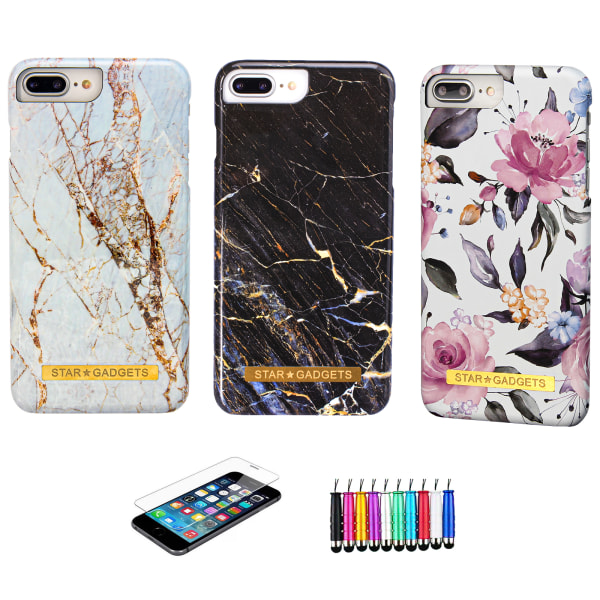 iPhone 7 Plus / 8 Plus - Cover Protection Blomster / Marmor Svart