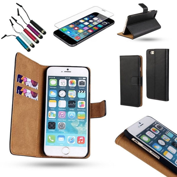 3-in-1-paketti iPhone 6/6S:lle: Nahkakotelo ja suoja