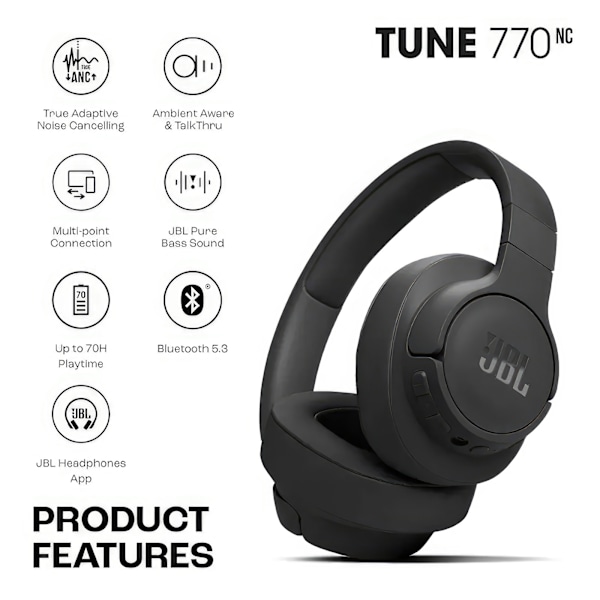 JBL Tune 770NC - Langattomat Bluetooth-on-ear -kuulokkeet mukautuvalla melunvaimennuksella