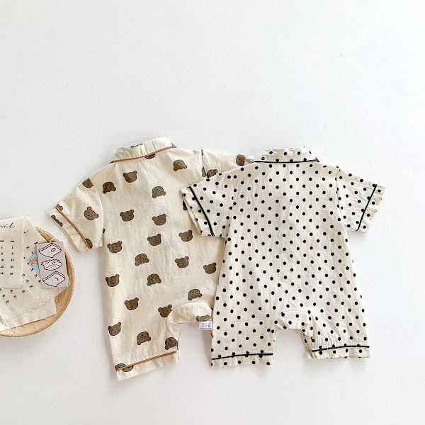 Sød shorts jakkesæt/pyjamas i tyndt materiale med bamser eller prikker Beige 7-12 Teddybear
