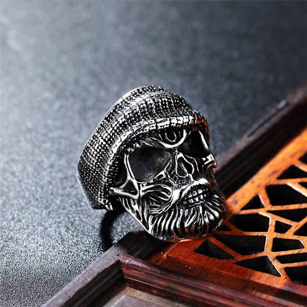 Ring with skeleton stainless steel skull with hat punk rock Silver one size