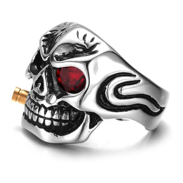 Stor ring med dödskalle skelett röd sten rock punk Silver one size