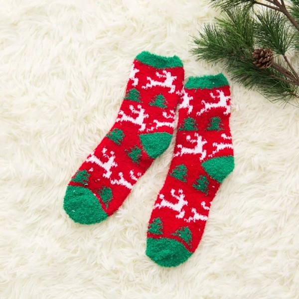 Elastiske sokker i fleece med julemotiv varme unisex Red one size