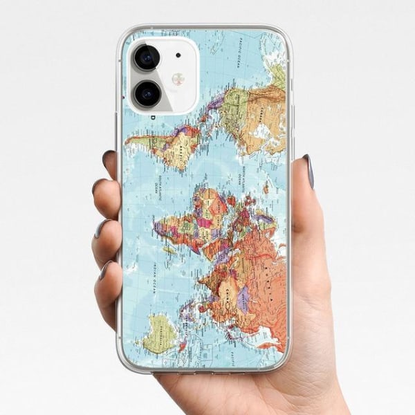 iPhone 12, 12 Pro & Max skal m. världskarta blå kontinenter Blue one size