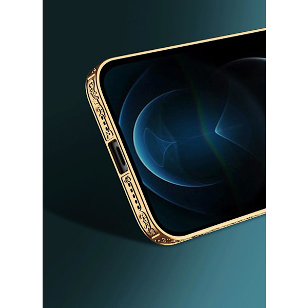 iPhone 12 Pro Max Lyx glas-skal guld barock elegant flera färger Blue one size