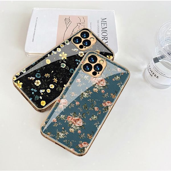 iPhone 12 Pro luksus glas case mønster guld barok fjer blomst White one size