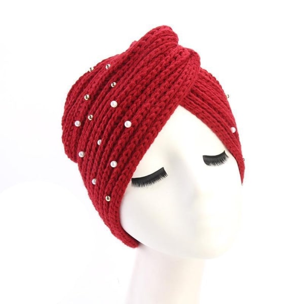 Stickad turban med pärlor perfekt på vinter höst flera färger Red one size