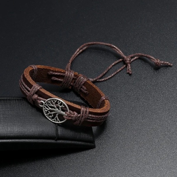 Genuint läder justerbart brunt armband för män - med träd Brun one size