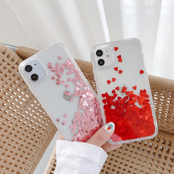 iPhone 13 Pro skal med flytande hjärtan likt kvicksand glitter Red one size