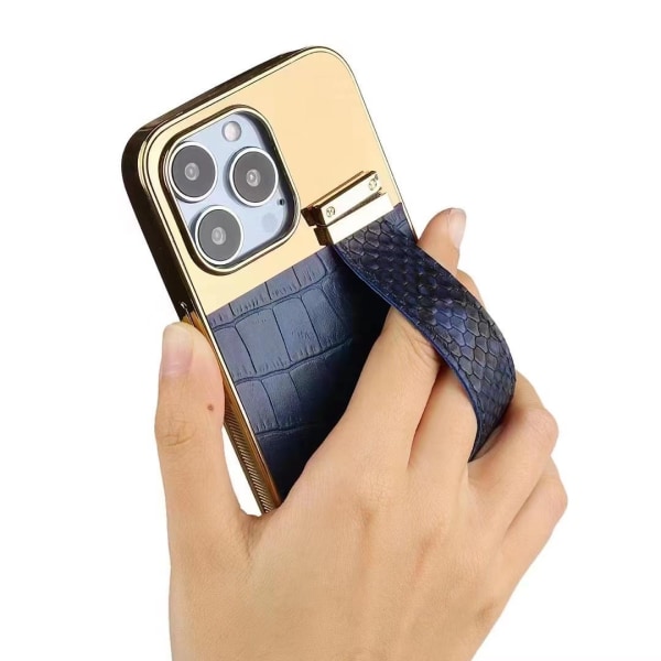 iPhone 13 deksel vegansk skinn med stropp for godt grep gull Blue one size