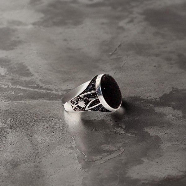 Sterling sølv ring sort rund sten orientalsk mønster hælring til mænd Black one size