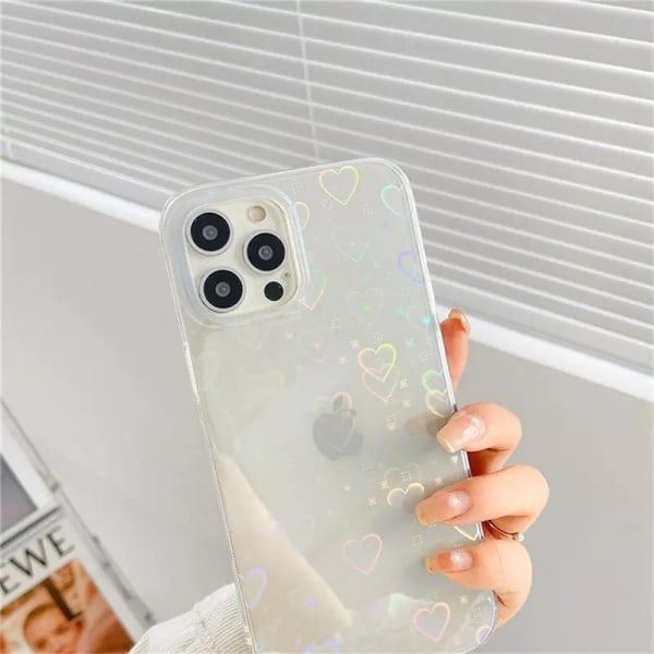 Holografisk deksel til iPhone 14 i 3D-hjerter i hvit gjennomsiktig Transparent one size