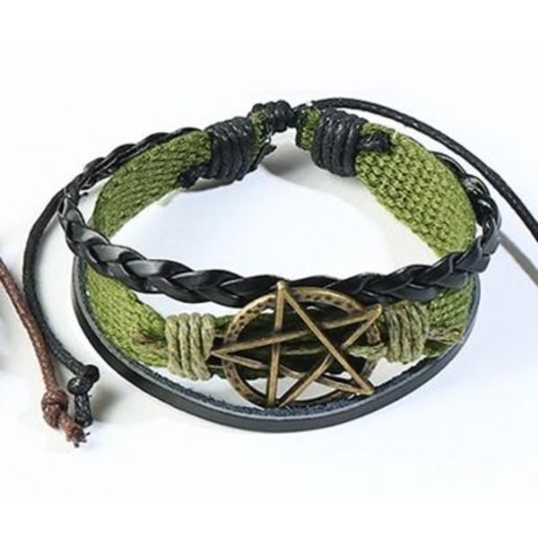 Handgjort armband grönt pentagram för män i tyg och läder Grön one size