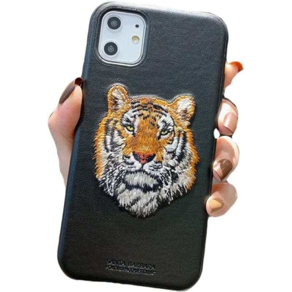 iPhone 13, Pro & Max sort broderet cover med tiger vegansk læder Black one size