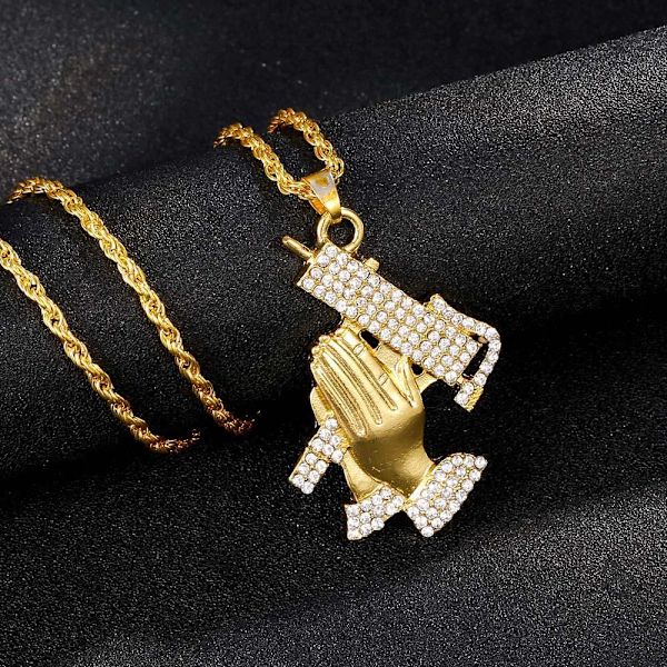 Hip hop -ketjun kaulakoru, jossa kädet rukoilevat käsivarsilla Gold one size