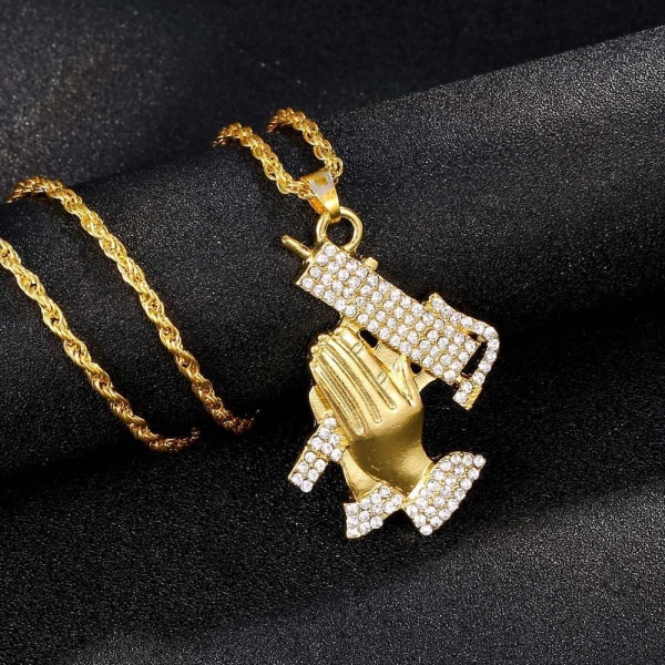 Hiphop kedja halsband med händer som ber med vapen Gold one size