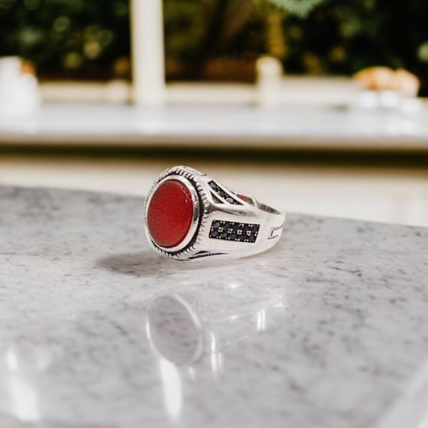 Sterling Sølv Ring Ægte Orange Opal Stone Persisk Hælring Til Mænd Red one size