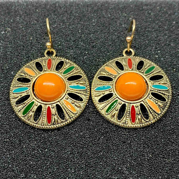 Handmade earrings in ethnic antique style round silver plated Orange one size